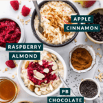 Three bowls of protein oats are topped with apple cinnamon, raspberry almond, and peanut butter chocolate, accompanied by assorted toppings and ingredients.