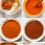 A collage showing the steps to make a classic pumpkin pie, from mixing ingredients to the baked pie with whipped cream on top.