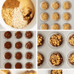 Step-by-step process of making pumpkin spice oat cups shown in six images. Ingredients mixed, portioned in muffin trays, topped with a layer, baked, and displayed as a finished product, ready to eat.