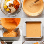 Step-by-step images show the making of pumpkin yogurt bars. The process includes mixing ingredients, pouring batter into a baking dish, baking, and serving with whipped cream and a drizzle of syrup.