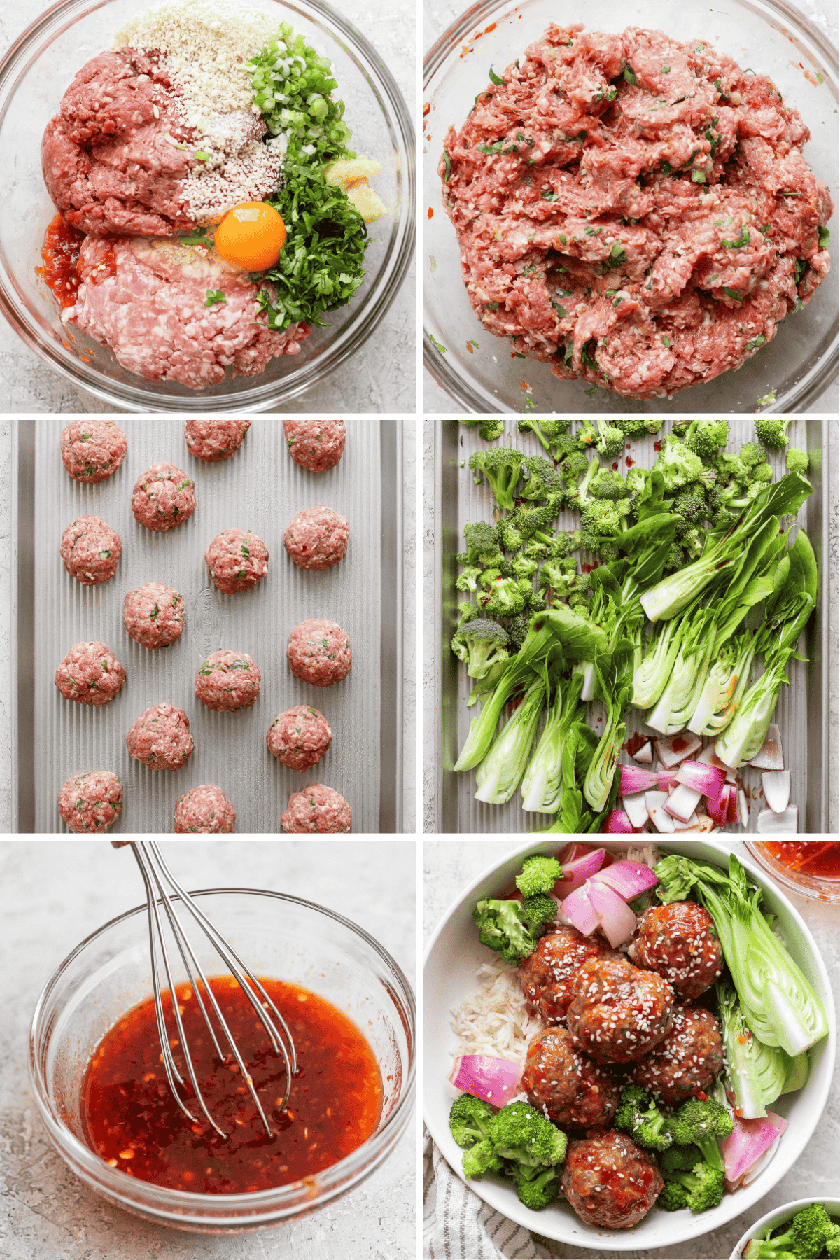 A six-panel image showing the process of making meatballs with vegetables. The final panel displays a bowl of meatballs, broccoli, and bok choy garnished with sesame seeds.