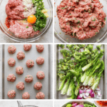 A step-by-step collage of making sweet chili garlic meatballs, showing ingredients, mixing, meatball formation, preparing vegetables, a homemade sauce, and the final plated dish with rice and vegetables.