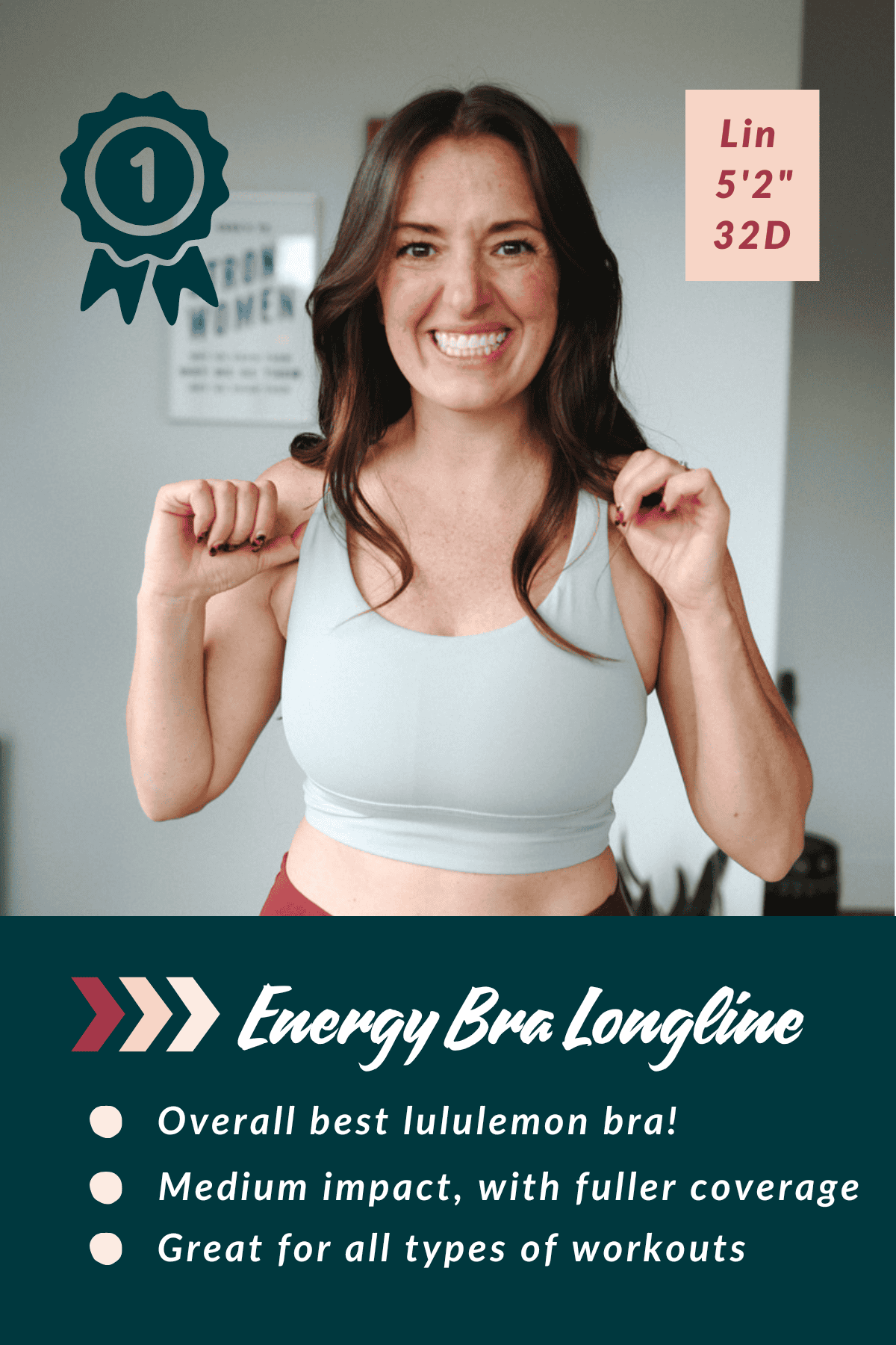 A woman smiles while wearing a pale blue sports bra. Text highlights the "Energy Bra Longline" as the best Lululemon bra, ideal for medium impact, with fuller coverage.