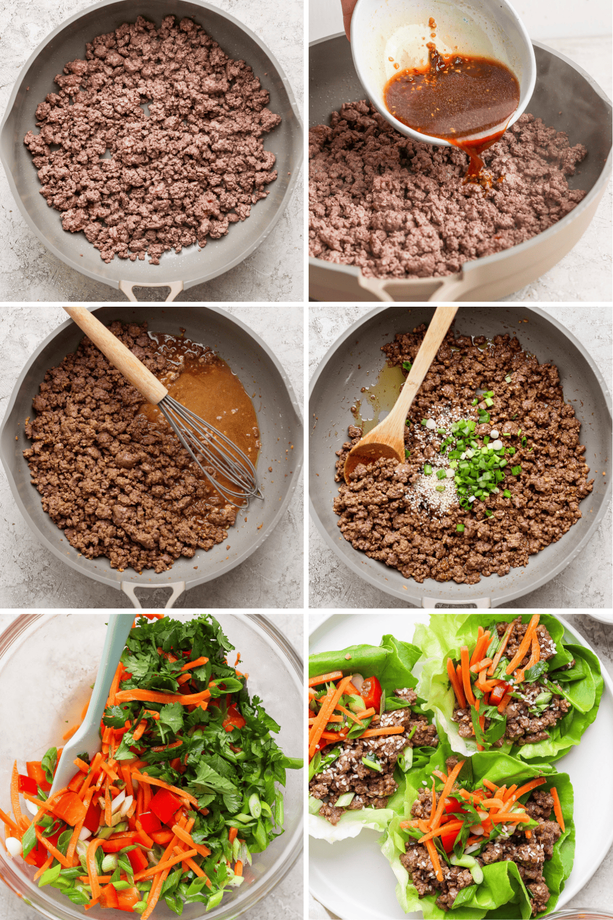 Collage of making lettuce wraps: cooking ground beef, adding sauce, mixing in spices and green onions, preparing a vegetable mix, and assembling lettuce wraps with vegetables.