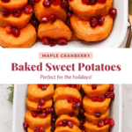 A dish of baked sweet potatoes topped with cranberries and rosemary, styled for a holiday meal.