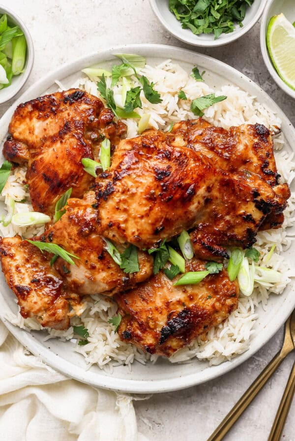 A plate of grilled chicken served on a bed of rice, garnished with chopped green onions and cilantro.