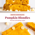 Three pumpkin blondies with white chocolate chips stacked, with more blondies and chips scattered around.