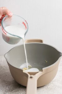 A hand pours milk from a measuring cup into a saucepan containing small food pieces, on a textured surface.