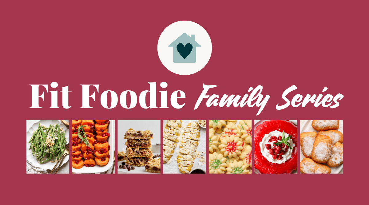 Fit Foodie Family Series" banner showcasing "Fit Foodie Finds": a vibrant array of six dishes, including crisp salad, fresh sliced vegetables, delectable stacked bars, artisanal sliced bread, savory gnocchi, and tempting pastries on a striking red background.