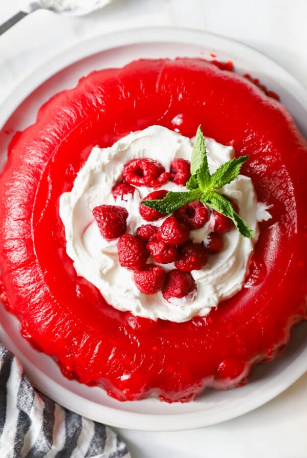 A red gelatin mold topped with whipped cream, raspberries, and a sprig of mint on a white plate.