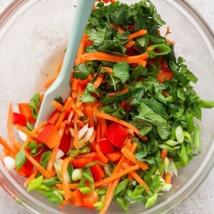 A glass bowl filled with chopped vegetables, including red bell peppers, carrots, green onions, cilantro, and green bell peppers, with a light blue spatula.