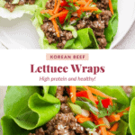 Lettuce wraps filled with Korean beef, sliced red peppers, carrots, and green onions, garnished with sesame seeds.