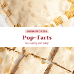 Iced high-protein pop-tarts, partially cut into squares, displayed on a white background.