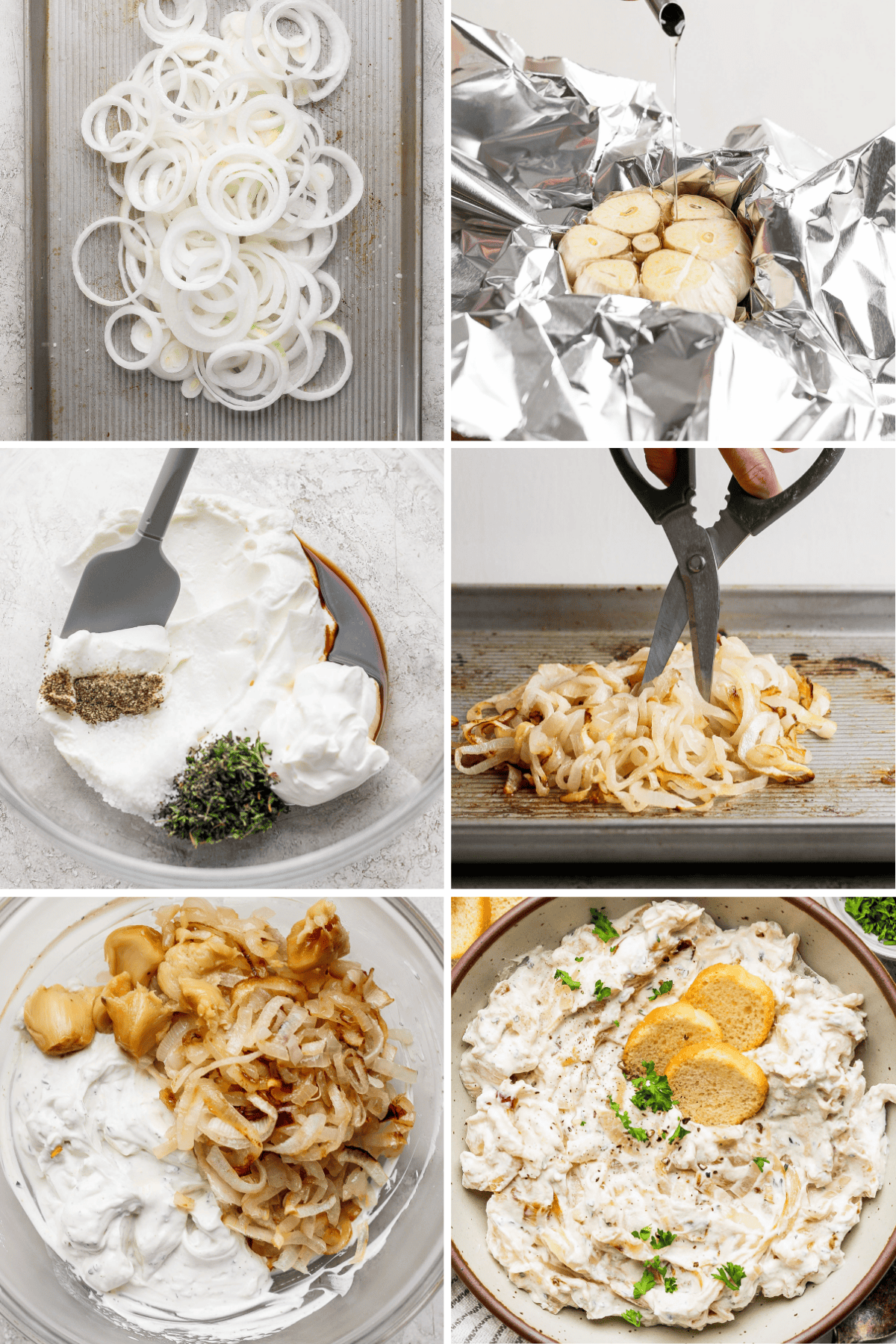 A step-by-step process of making onion dip: sliced onions, roasted garlic in foil, yogurt mixture with herbs, caramelized onions, mixing ingredients, and the final dip garnished with herbs and crackers.