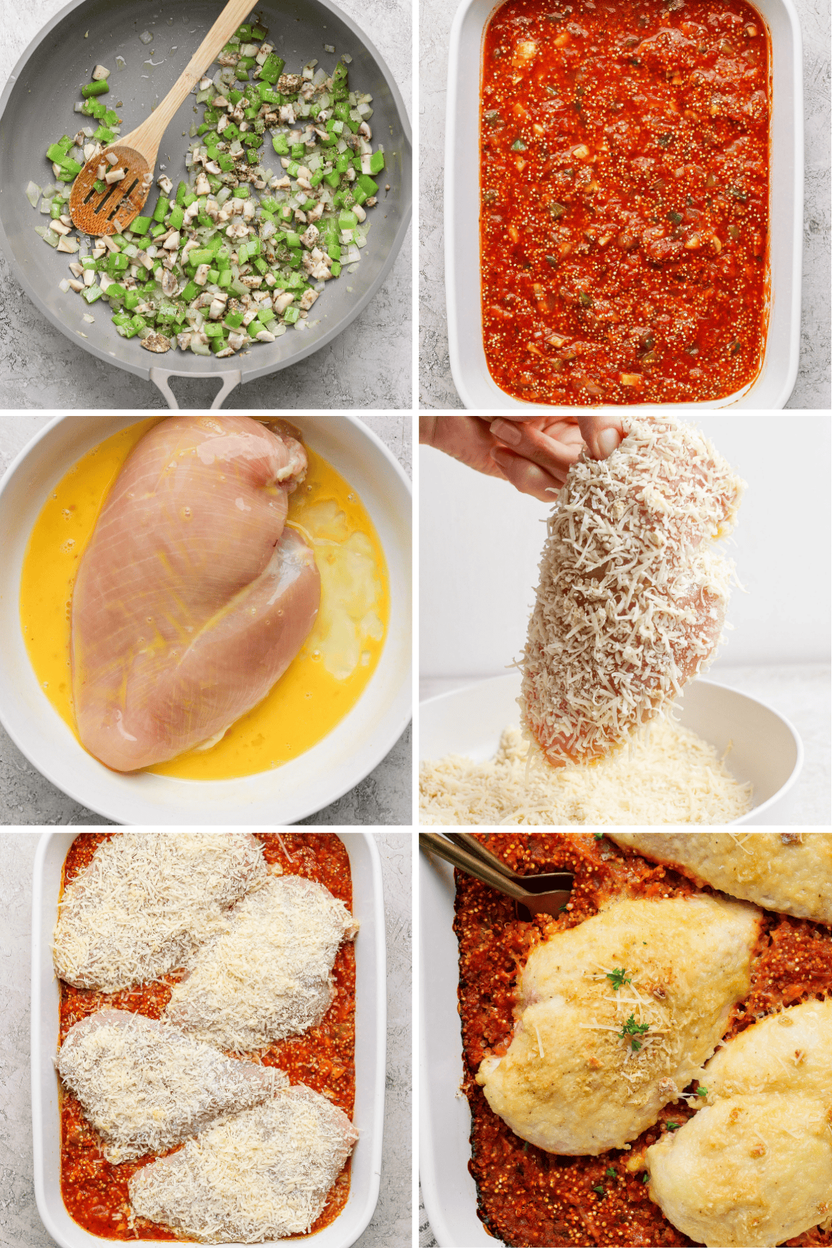 Step-by-step process of preparing chicken Parmesan: sautéing vegetables, layering sauce, coating chicken with egg and breadcrumbs, arranging in a dish, and baking until golden brown.