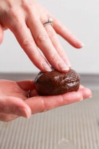 A person shaping a ball of dark brown dough in their hands against a neutral background.