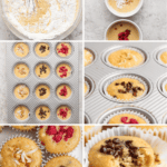 A step-by-step collage of muffin preparation showing mixing batter, filling muffin tins with toppings, baking, and finished muffins with toppings like chocolate chips and raspberries.