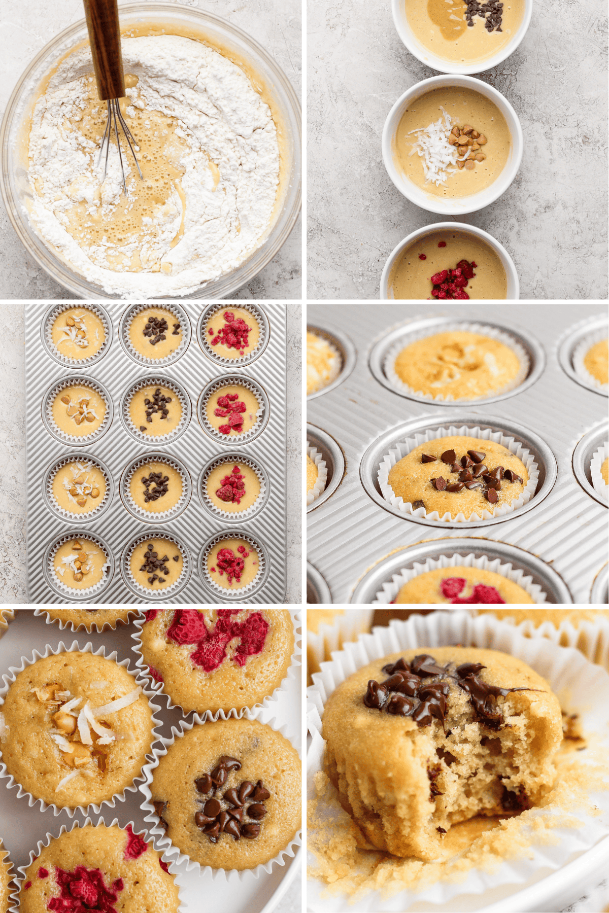 A step-by-step collage of muffin preparation showing mixing batter, filling muffin tins with toppings, baking, and finished muffins with toppings like chocolate chips and raspberries.