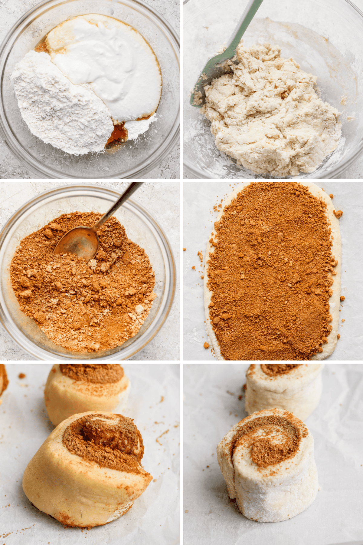 A collage illustrating the steps to make protein cinnamon rolls: mixing nutrient-rich dough, combining cinnamon and sugar, spreading this filling on the dough, rolling it into shape, slicing, and showcasing the finished rolls before baking.