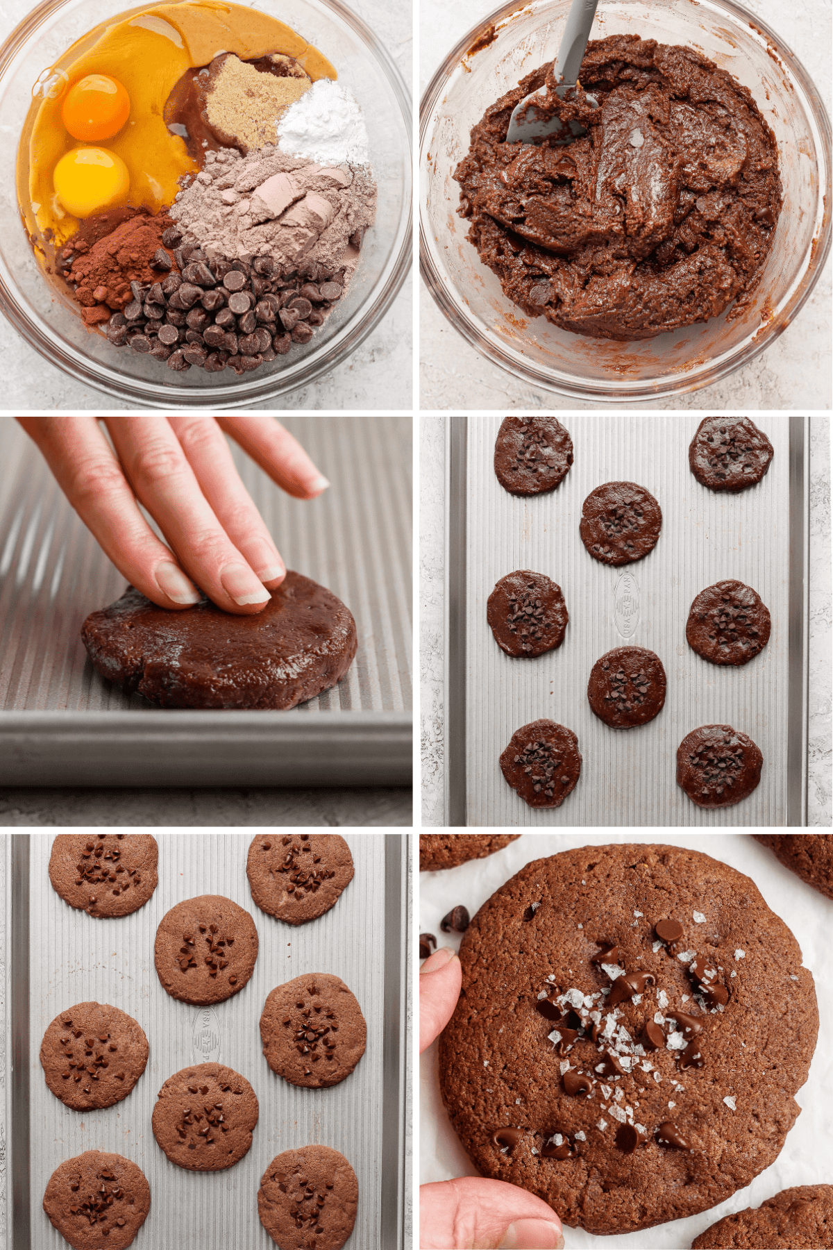 Collage showing the cookie-making process: ingredients, mixing, shaping dough on a tray, unbaked cookies, baked cookies, and a hand holding a finished cookie with salt.