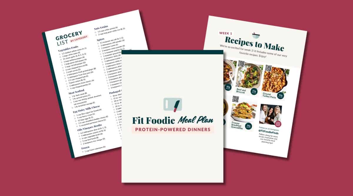 Three meal planning documents are displayed on a red background, including a grocery list, a meal plan cover, and a recipe page titled "Recipes to Make: Week 1.