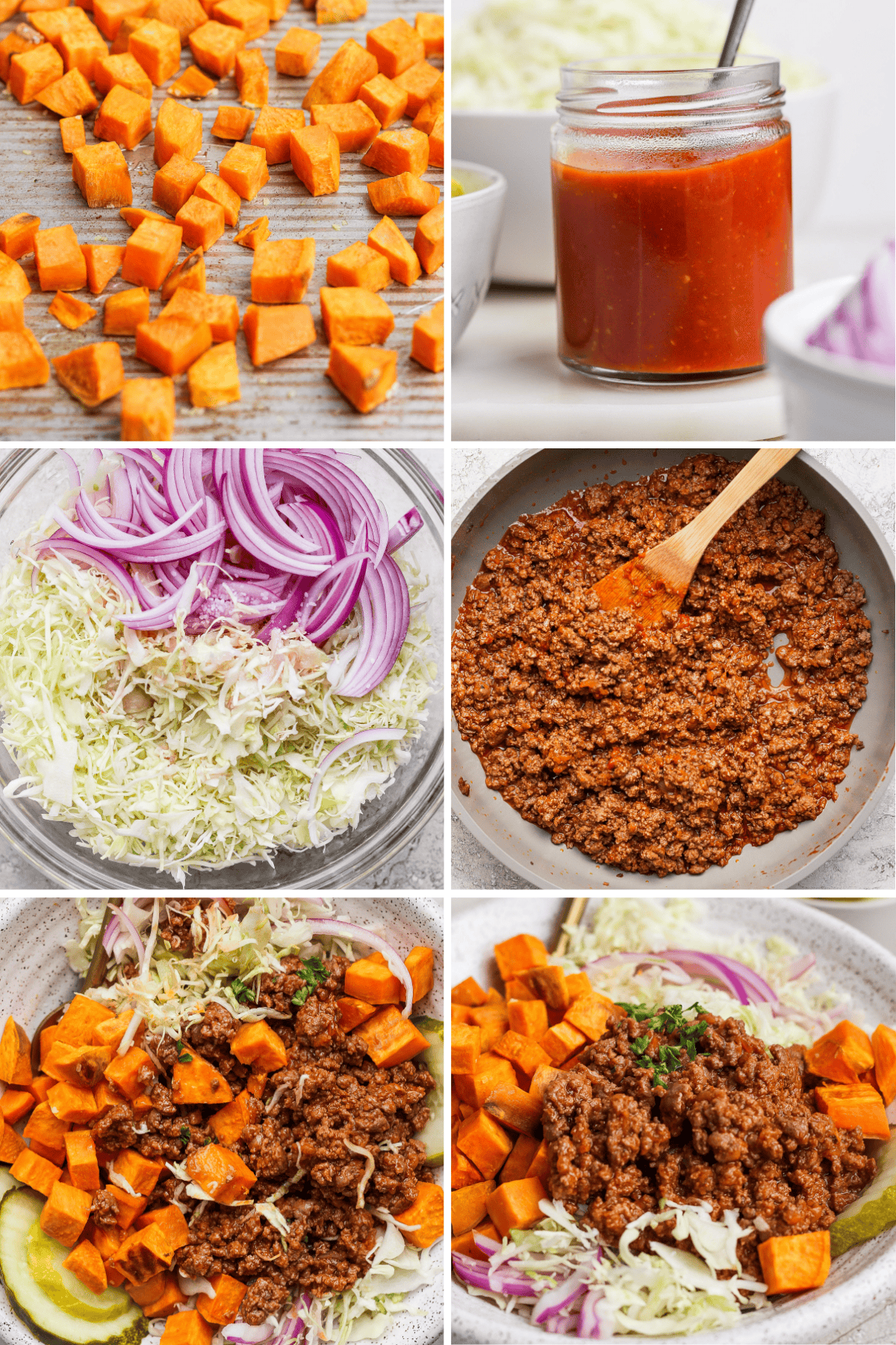 A collage showing diced sweet potatoes, red sauce in a jar, sliced onions with cabbage, and a bowl with cooked mixture, arranged in a sequence of preparation.