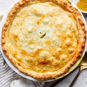 Golden brown pie with a flaky crust in a white dish, on a striped towel, with a spoon, fork, and a small bowl of spices nearby.