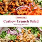 Top image: Cashew Crunch Salad with veggies and creamy dressing. Bottom image: Close-up of the salad with quinoa, cashews, cucumbers, carrots, and red onions.