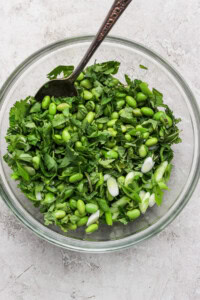 Glass bowl with a green salad containing edamame, chopped cilantro, and sliced green onions, with a metal spoon on the side.