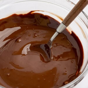 A glass bowl filled with smooth, melted chocolate and a silver spoon with a wooden handle resting inside.