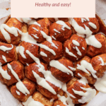 Monkey bread topped with white frosting, labeled as protein-rich and healthy.