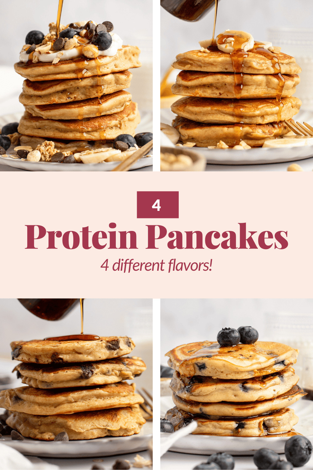 A collage of four protein pancake stacks with syrup and various toppings like berries and nuts, labeled 