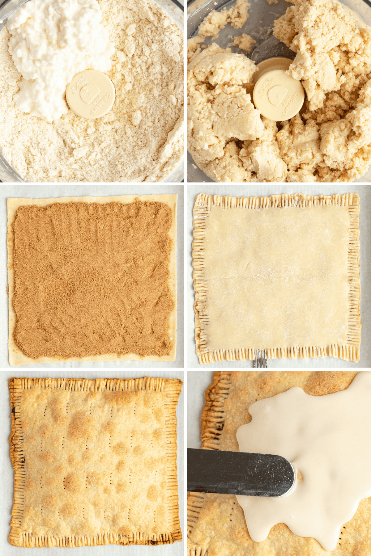 Step-by-step process of making a pastry: dough mixture, rolled dough with a cinnamon filling, sealed and crimped edges like delicious protein pop tarts, baked to perfection, and icing applied on top.