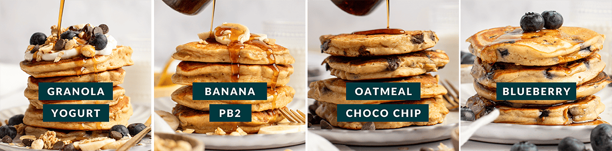 Four stacks of protein pancakes with toppings and labels: Granola Yogurt, Banana PB2, Oatmeal Choco Chip, and Blueberry. Syrup is being poured on each stack.