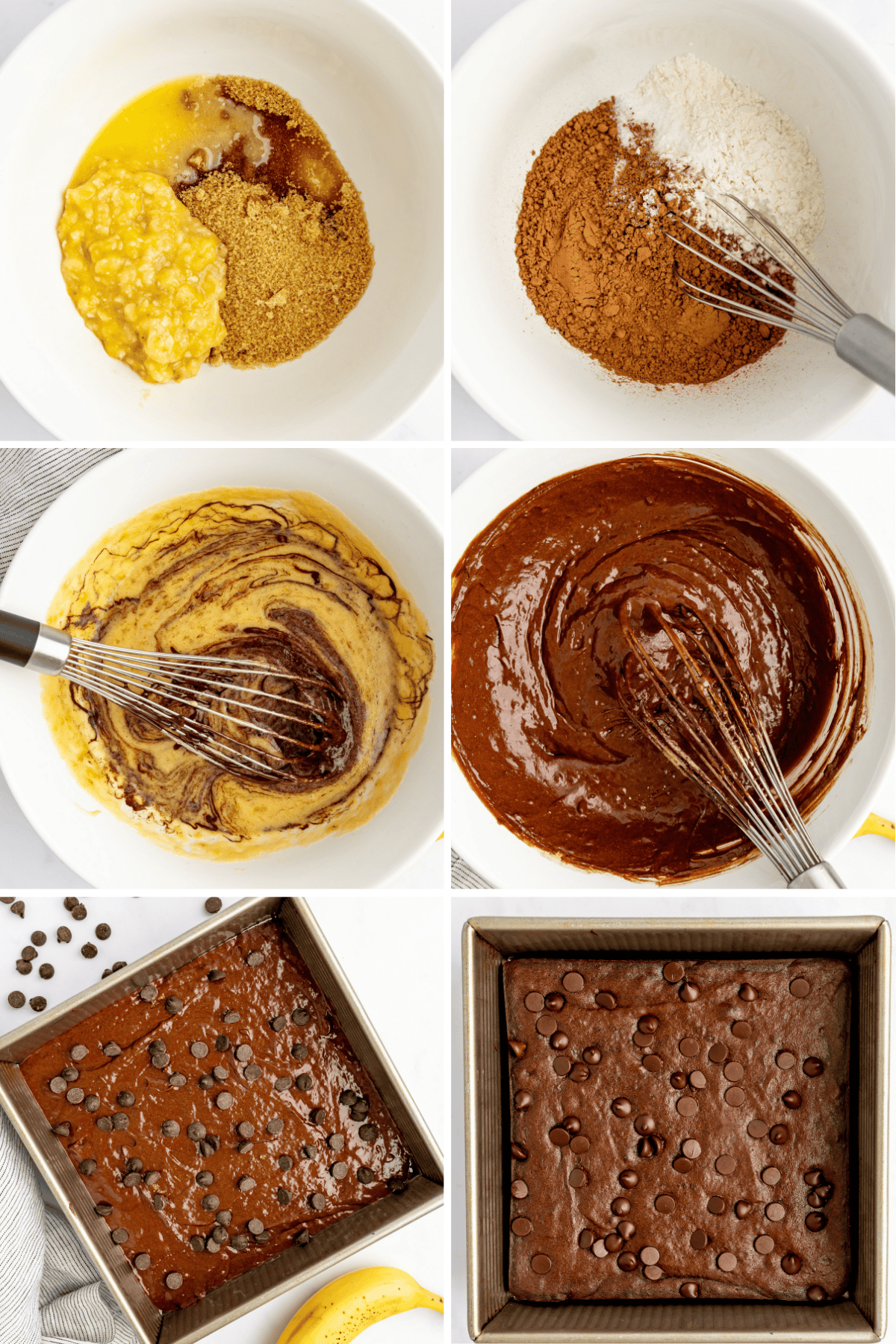 Collage of six images showing the process of making brownies, from mixing ingredients to the finished baked dish. Chocolate chips are visible on top of the brownies.