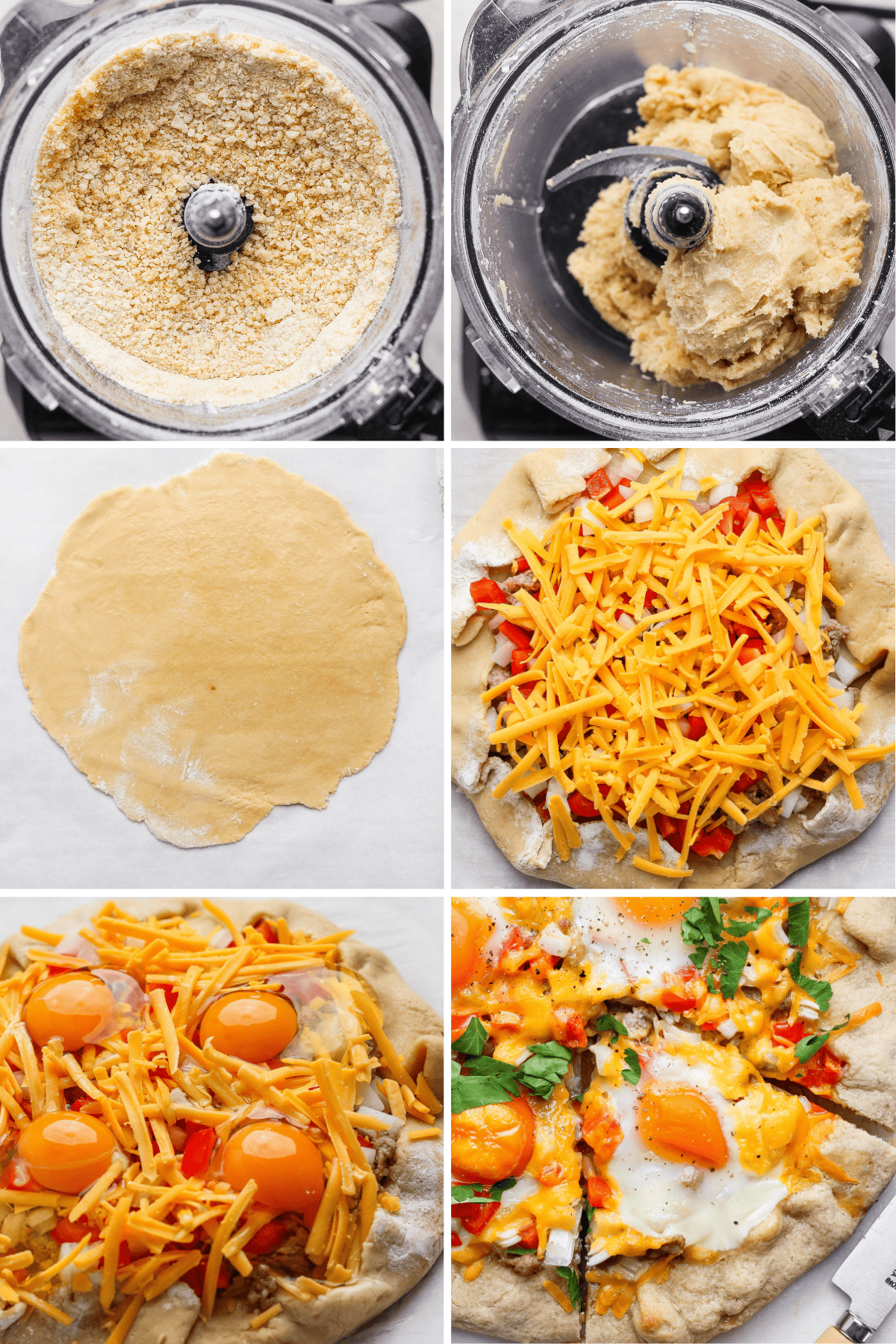 Six-panel image showing steps to make a breakfast pizza: dough in a processor, rolled dough, dough with cheese and toppings, raw eggs added, baked pizza, and a sliced piece with fresh toppings.