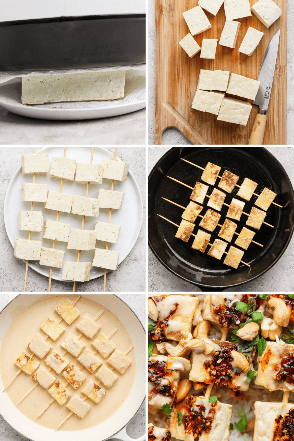 Tofu being pressed, sliced, skewered, cooked in a pan, and served with sauce and vegetables.