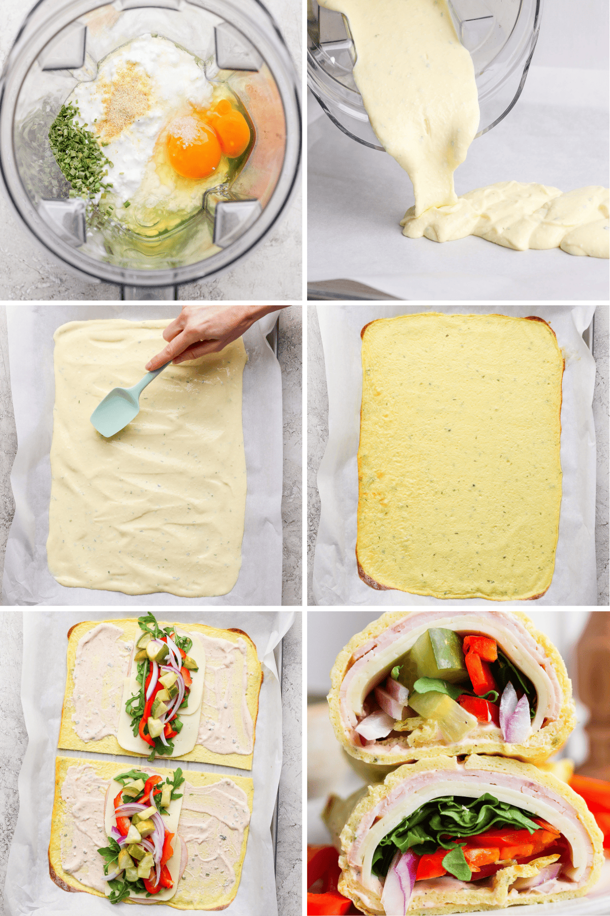 Steps of making a sandwich wrap: blend batter ingredients; spread on a baking sheet; bake to create a flatbread; add fillings; roll up the wrap; wrap cut in half showing layers.