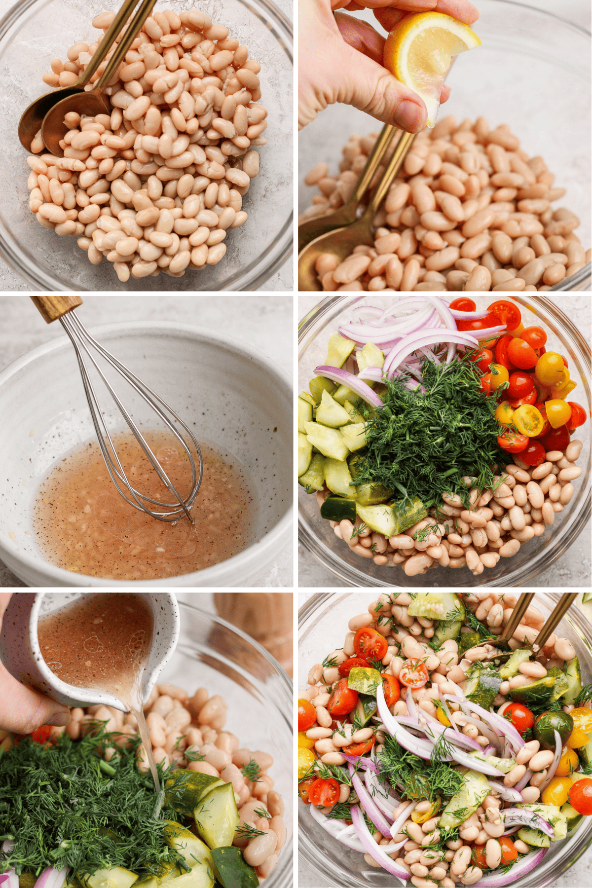 Six-panel image: beans in a bowl; lemon squeezed over beans; dressing being whisked; salad ingredients added; dressing poured onto salad; mixed salad with beans, tomatoes, cucumber, onions, and dill.