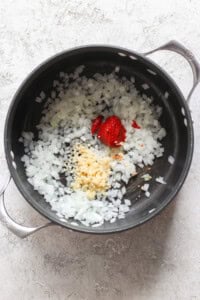 Chopped onions, minced garlic, and dollops of tomato paste in a black pot on a light textured surface evoke the comforting aroma of grilled cheese and tomato soup.