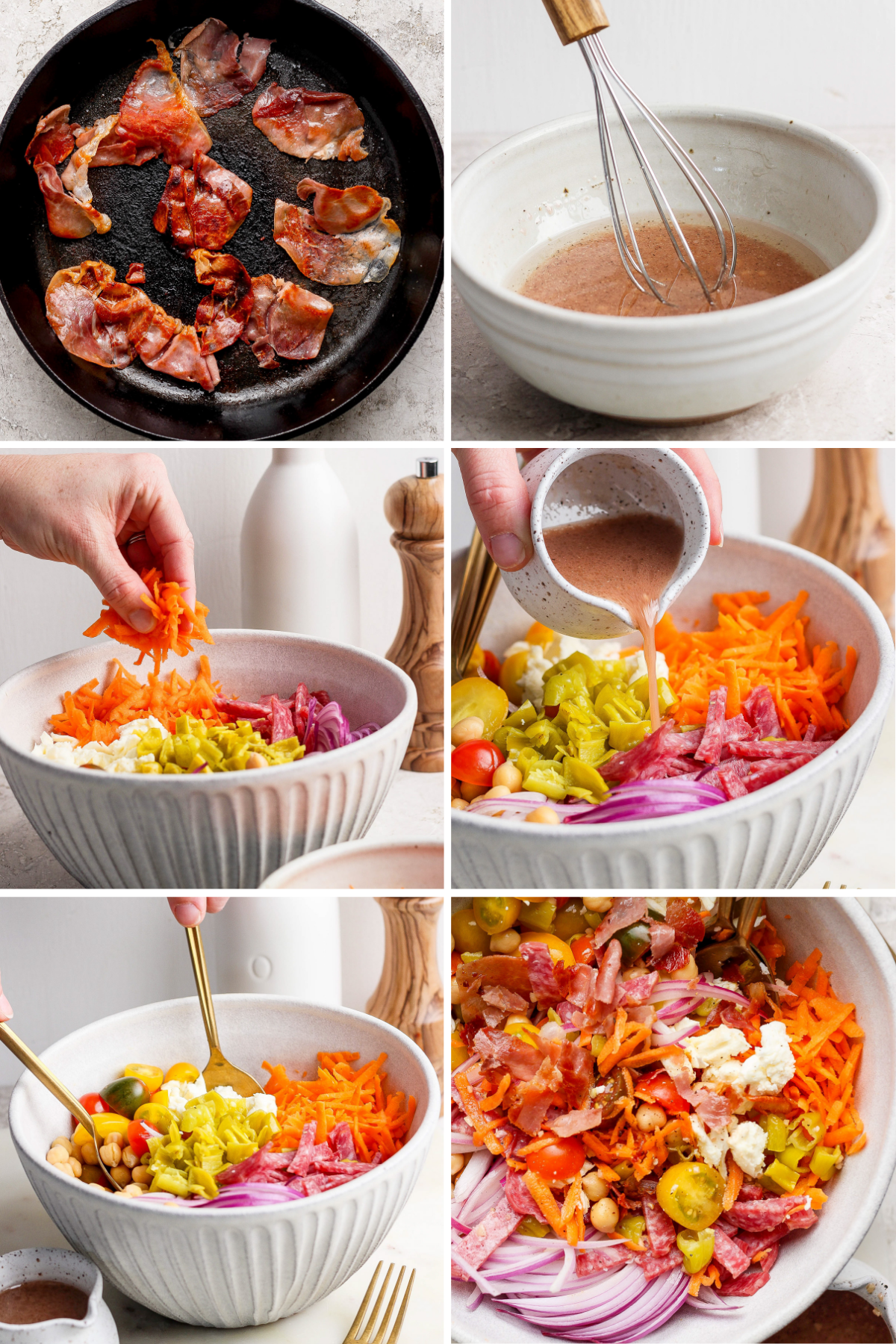 Salad preparation: cooked bacon in a skillet, dressing in a bowl, shredded vegetables being added to a salad, dressing poured over, and tossed salad with toppings in a white bowl.