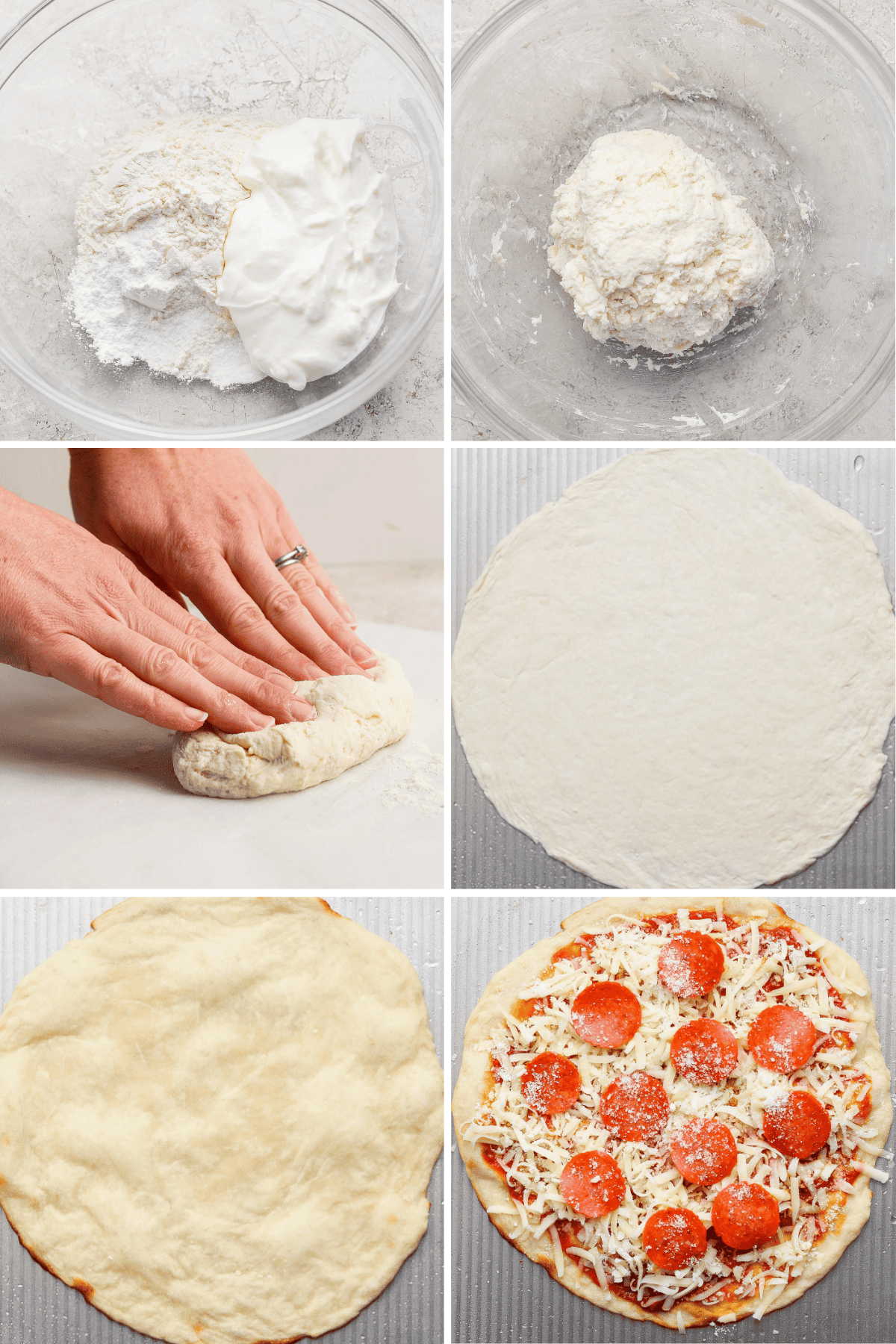 A sequence showing pizza dough preparation: ingredients in a bowl, mixed dough, kneading, rolled-out dough, baked crust, and finished pizza with pepperoni and cheese.