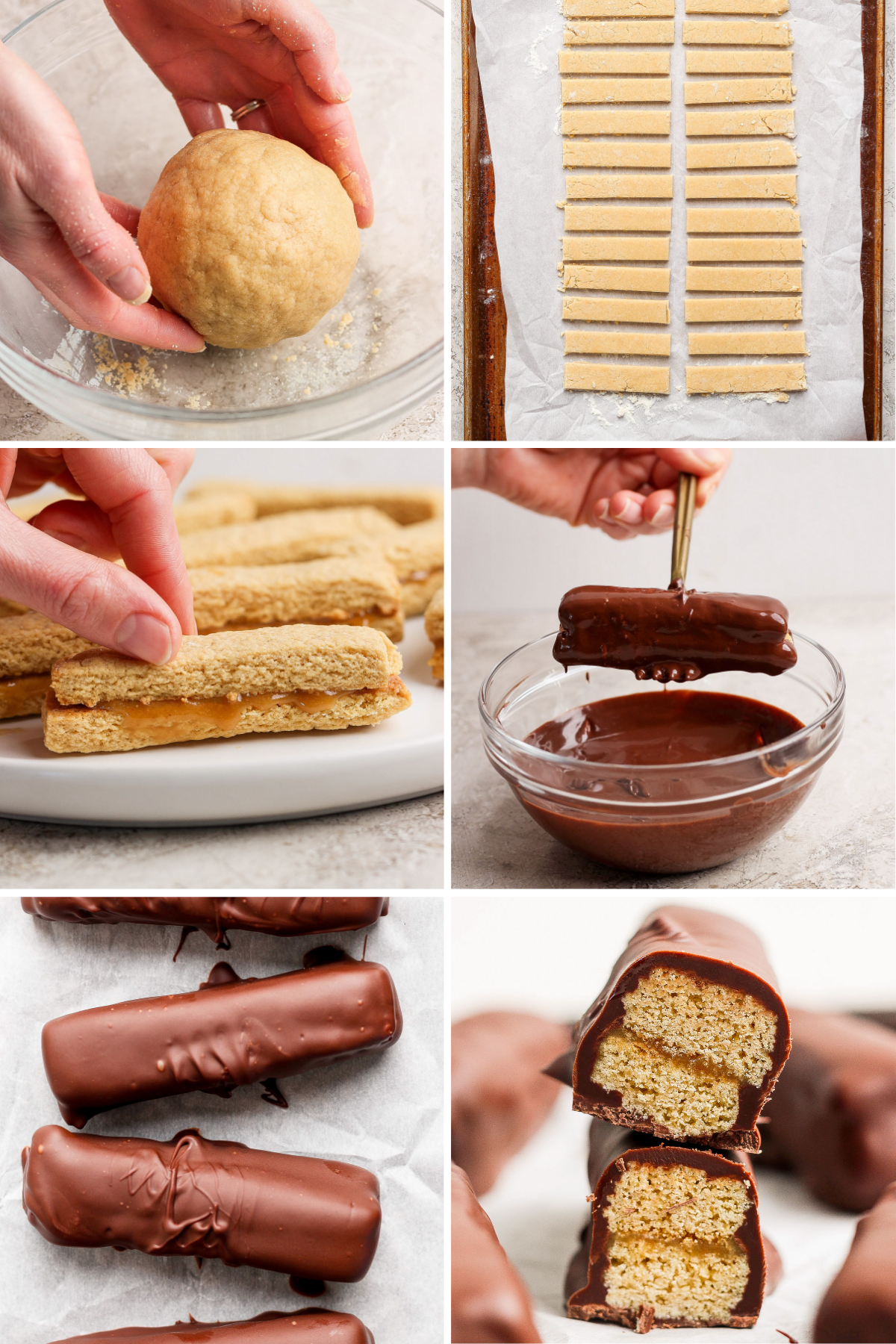 A step-by-step process of making chocolate-covered cookie bars, from dough preparation to the final dipped cookies, sliced to reveal a biscuit interior.