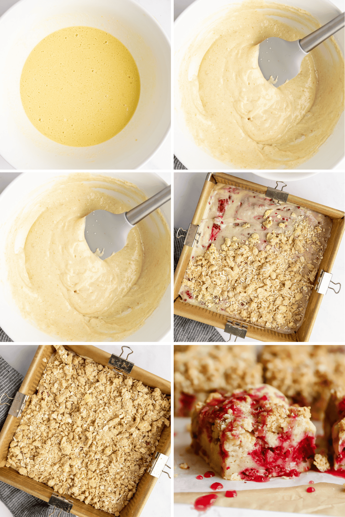 Collage of six images showing steps to make a crumb cake with raspberry filling, from batter preparation to final baked and sliced dessert.