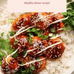 A bowl of rice topped with salmon meatballs in sauce, garnished with sesame seeds, green onions, and herbs. A label reads "Salmon Meatballs: Healthy dinner recipe!.