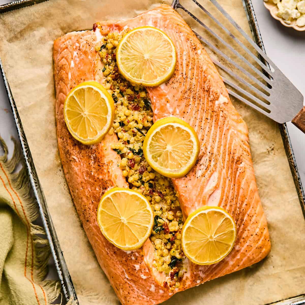 Stuffed Salmon with Pesto, Couscous and Sun-Dried Tomatoes