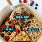 This baked oatmeal dish comes in four delectable flavors: chocolate chip, berry, banana, and crunchy peanut butter.