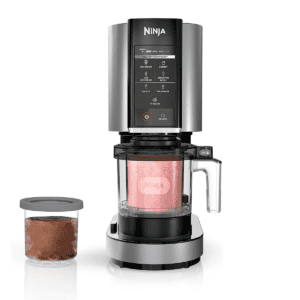 Ninja ice cream maker with a blend chamber, control panel, and an additional container on the side for creating your own creamy protein ice cream.