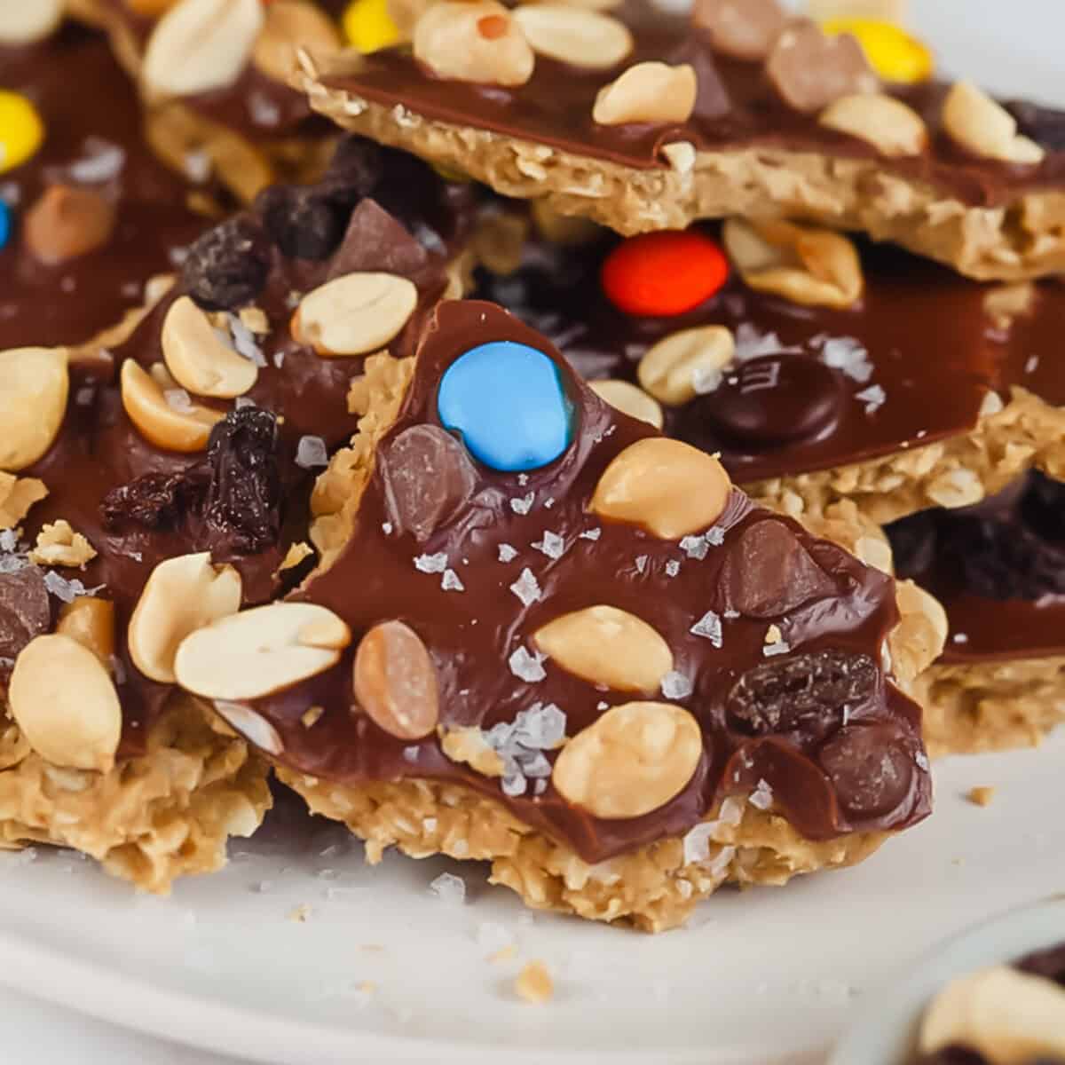 Pieces of chocolate bark topped with peanuts, colorful candies, raisins, and sea salt on a white plate.