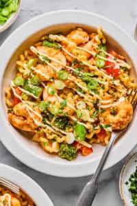 A bowl of pasta with shrimp, broccoli, red bell peppers, and green onions, drizzled with a creamy sauce and served with a fork.